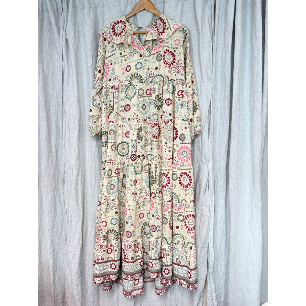 Boemo Womens Boho Tiered Maxi Dress Medallion Paisley Ruffle Tassel Cream Size M